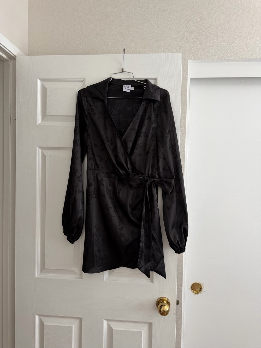 Princess Polly Black Satin Jacquard Wrap Mini Dress